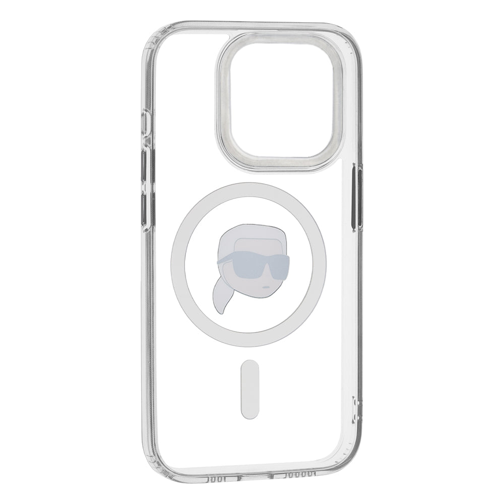 Étui MagSafe pour Apple iPhone 15 Pro, Karl Lagerfeld, IML Métal Tête de Karl, Blanc