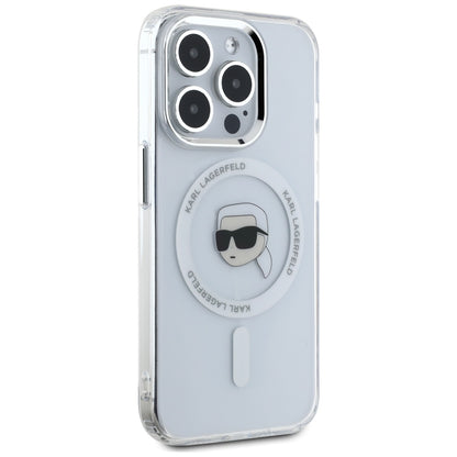 Étui MagSafe pour Apple iPhone 15 Pro, Karl Lagerfeld, IML Métal Tête de Karl, Blanc