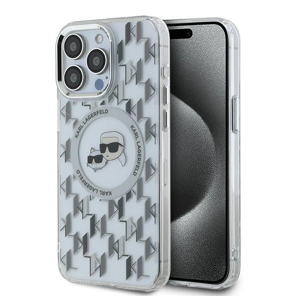 Coque MagSafe pour Apple iPhone 15 Pro, Karl Lagerfeld, IML Monogramme Karl & Têtes de Choupette, Transparente