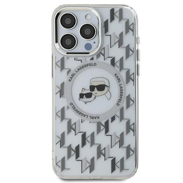 Coque MagSafe pour Apple iPhone 15 Pro, Karl Lagerfeld, IML Monogramme Karl & Têtes de Choupette, Transparente