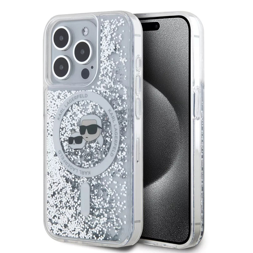 Custodia MagSafe per Apple iPhone 15 Pro, Karl Lagerfeld, Liquid Glitter Karl & Choupette's Heads, Trasparente