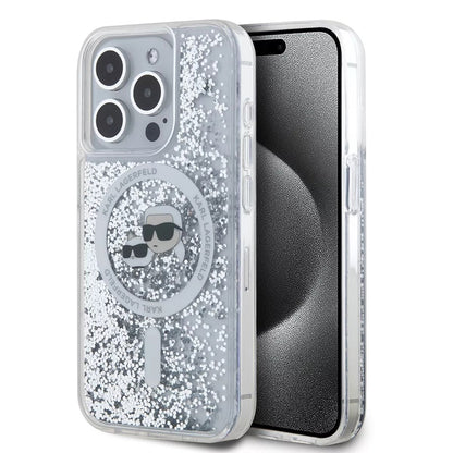 Custodia MagSafe per Apple iPhone 15 Pro, Karl Lagerfeld, Liquid Glitter Karl & Choupette's Heads, Trasparente