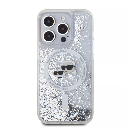 Custodia MagSafe per Apple iPhone 15 Pro, Karl Lagerfeld, Liquid Glitter Karl & Choupette's Heads, Trasparente