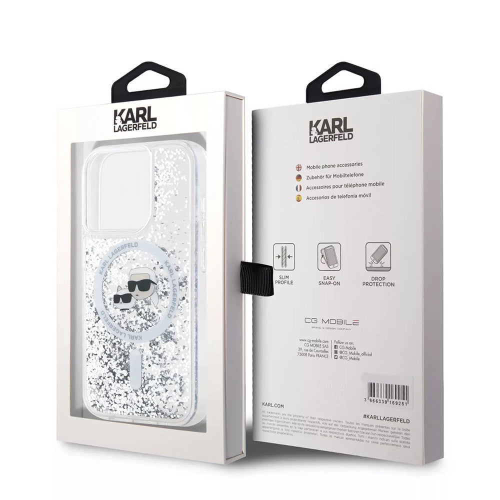 Custodia MagSafe per Apple iPhone 15 Pro, Karl Lagerfeld, Liquid Glitter Karl & Choupette's Heads, Trasparente