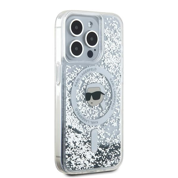 MagSafe Case for Apple iPhone 15 Pro, Karl Lagerfeld, Liquid Glitter Karl's Head, Transparent