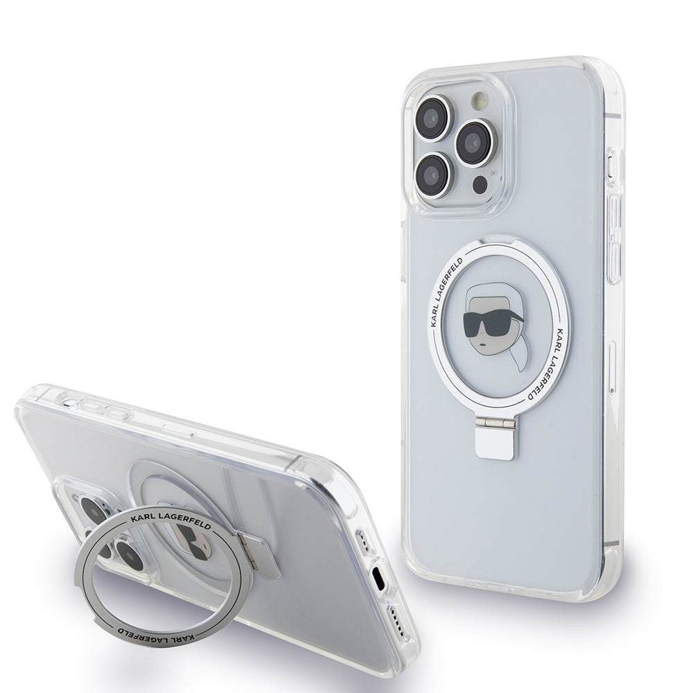 Coque MagSafe pour Apple iPhone 15 Pro, Karl Lagerfeld, Ring Stand Karl's Head, Blanche