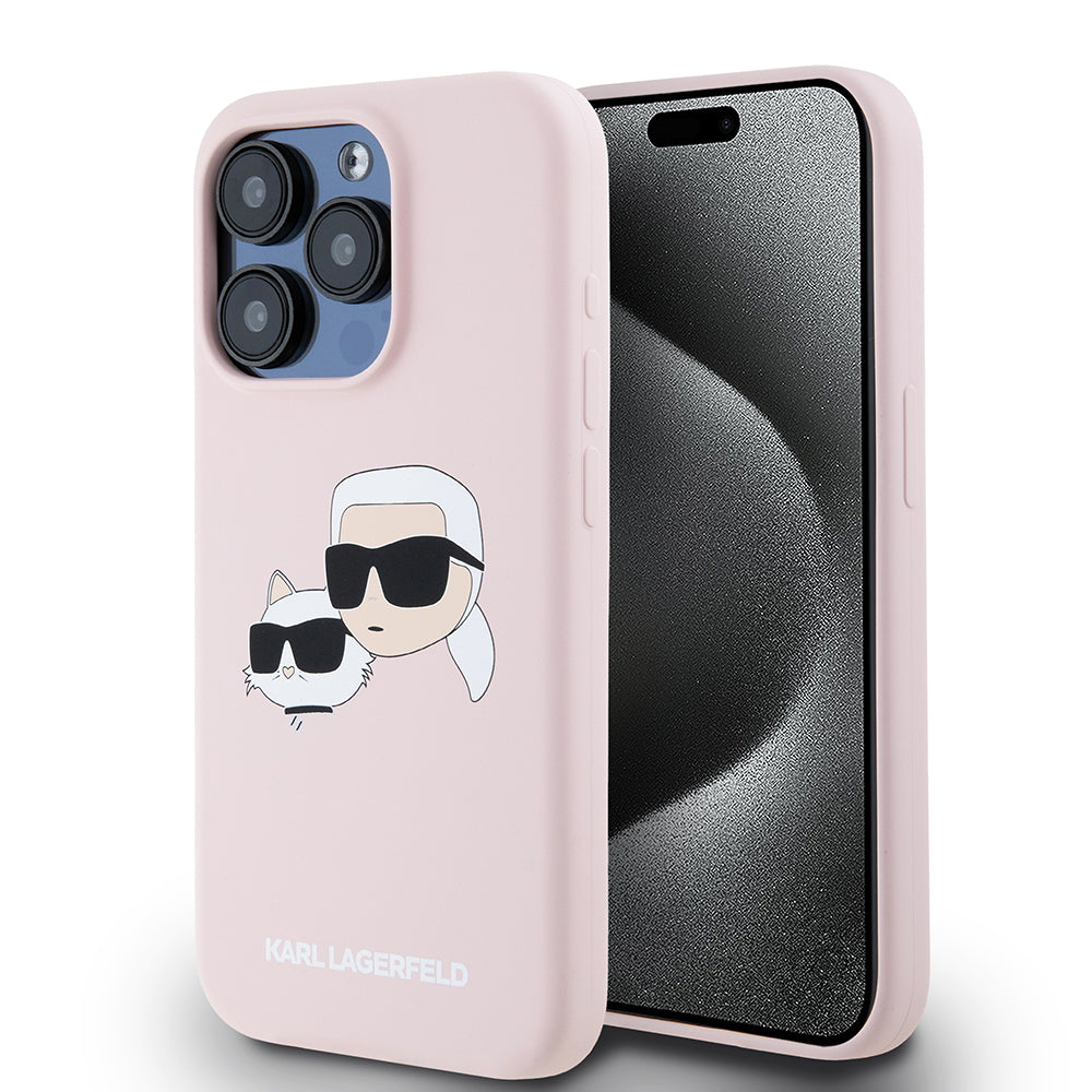 MagSafe Hülle für Apple iPhone 15 Pro, Karl Lagerfeld, Silikon Karl & Choupette's Köpfe, Rosa