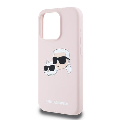 MagSafe Hülle für Apple iPhone 15 Pro, Karl Lagerfeld, Silikon Karl & Choupette's Köpfe, Rosa