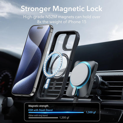 Custodia MagSafe per Apple iPhone 15 Pro Max, ESR, Classic Hybrid Kickstand, Nera Trasparente