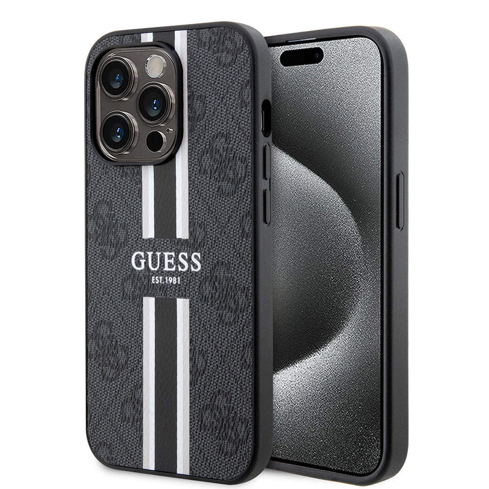 Étui MagSafe pour Apple iPhone 15 Pro Max, Guess, 4G Printed Stripes, Noir