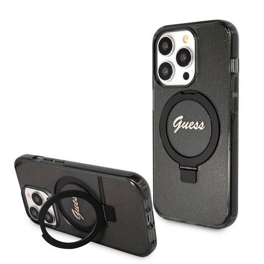 Custodia MagSafe per Apple iPhone 15 Pro Max, Guess, IML Ring Stand Glitter, Nera