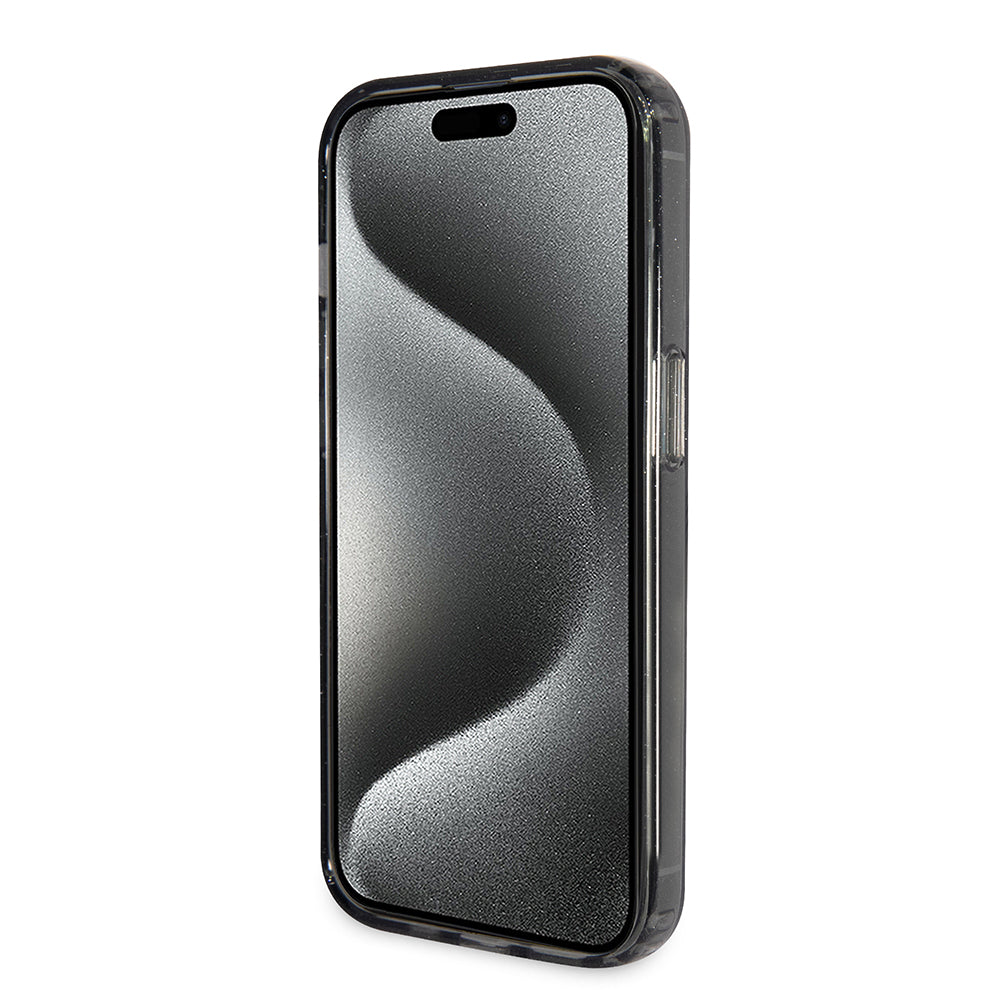 MagSafe Hülle für Apple iPhone 15 Pro Max, Guess, IML Ring Stand Glitter, Schwarz