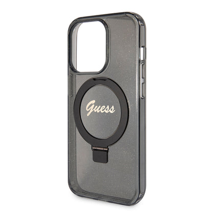MagSafe Hülle für Apple iPhone 15 Pro Max, Guess, IML Ring Stand Glitter, Schwarz