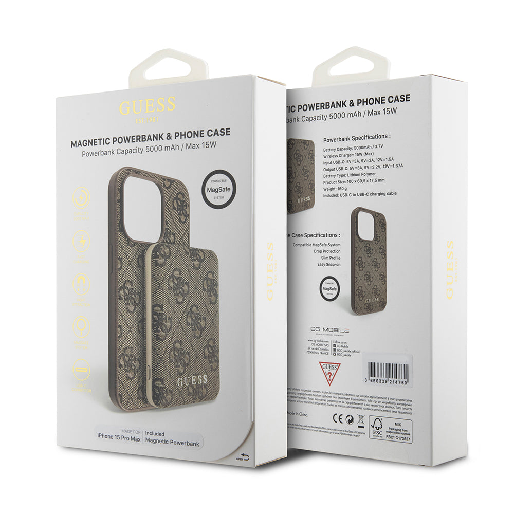 Étui MagSafe pour Apple iPhone 15 Pro Max, Guess, Powerbank 4G Metal Logo, Marron