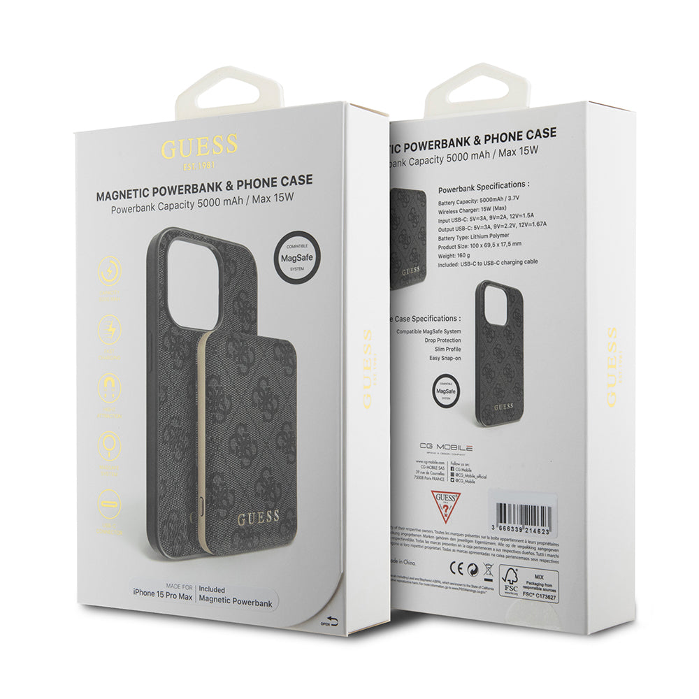 Étui MagSafe pour Apple iPhone 15 Pro Max, Guess, Powerbank 4G Metal Logo, Noir