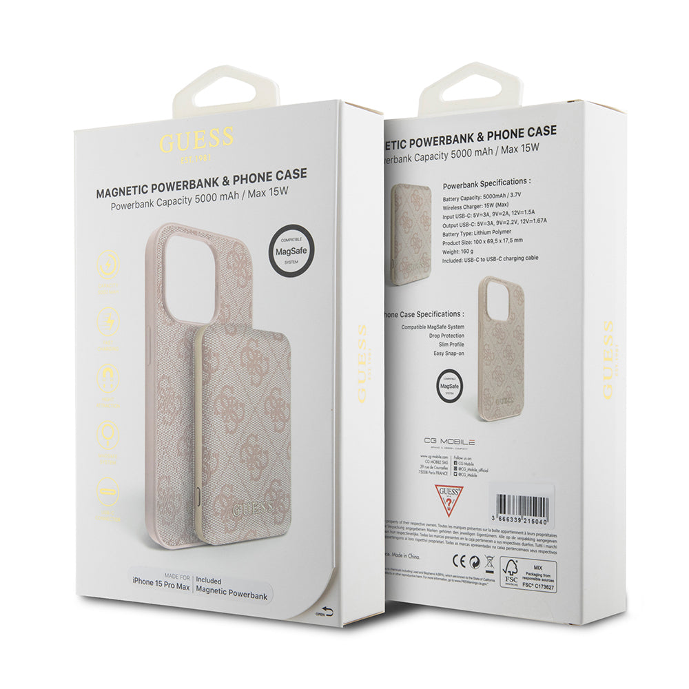 Coque MagSafe pour Apple iPhone 15 Pro Max, Guess, Powerbank 4G Metal Logo, Rose