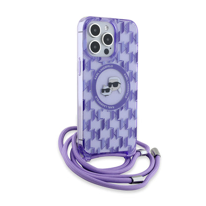 MagSafe Case for Apple iPhone 15 Pro Max, Karl Lagerfeld, IML Crossbody Monogram Karl & Choupette's Heads, Purple