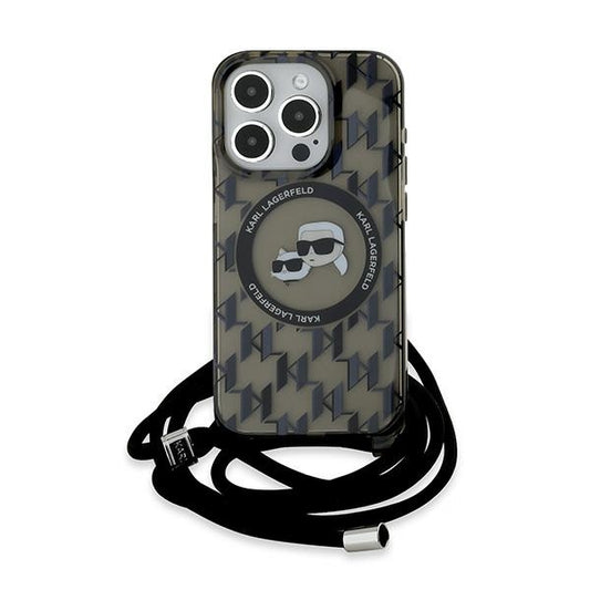 MagSafe Hülle für Apple iPhone 15 Pro Max, Karl Lagerfeld, IML Crossbody Monogram Karl & Choupette's Heads, Schwarz