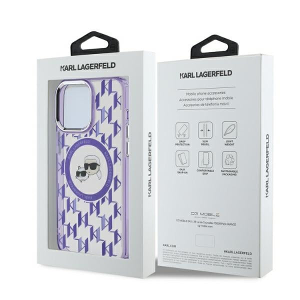 Custodia MagSafe per Apple iPhone 15 Pro Max, Karl Lagerfeld, IML Monogramma Karl & Choupette's Heads, Viola