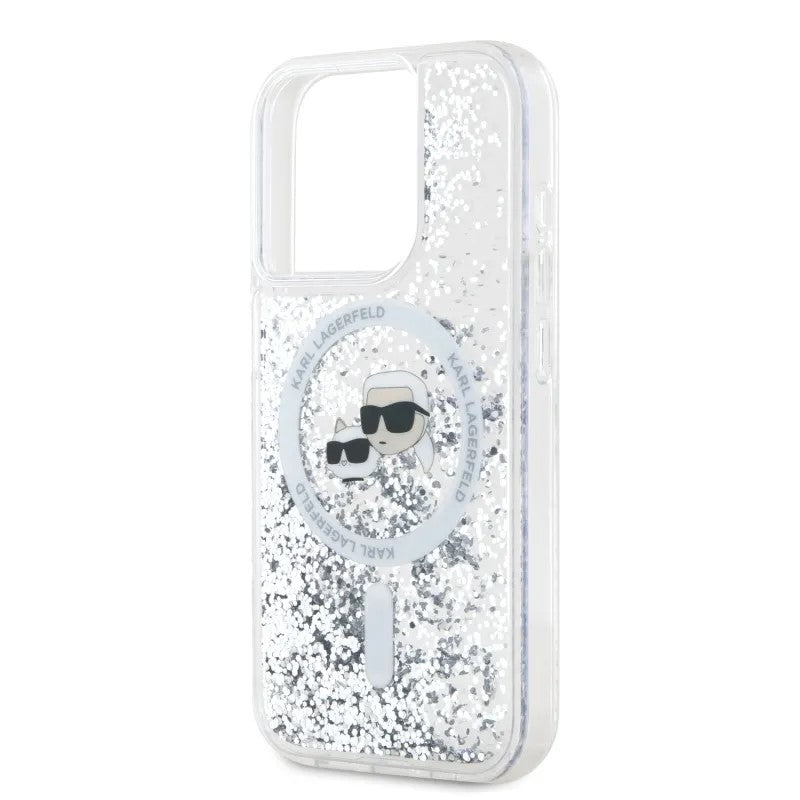 Coque MagSafe pour Apple iPhone 15 Pro Max, Karl Lagerfeld, Liquid Glitter Karl & Choupette's Heads, Transparente