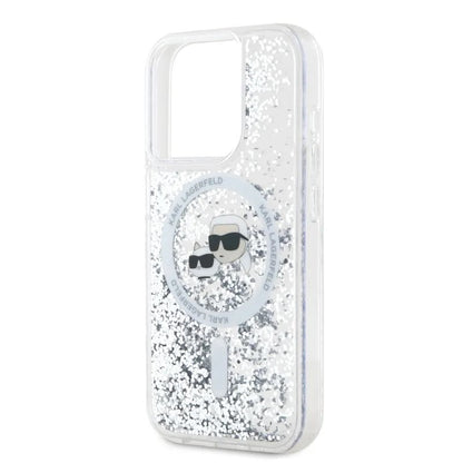 Coque MagSafe pour Apple iPhone 15 Pro Max, Karl Lagerfeld, Liquid Glitter Karl & Choupette's Heads, Transparente