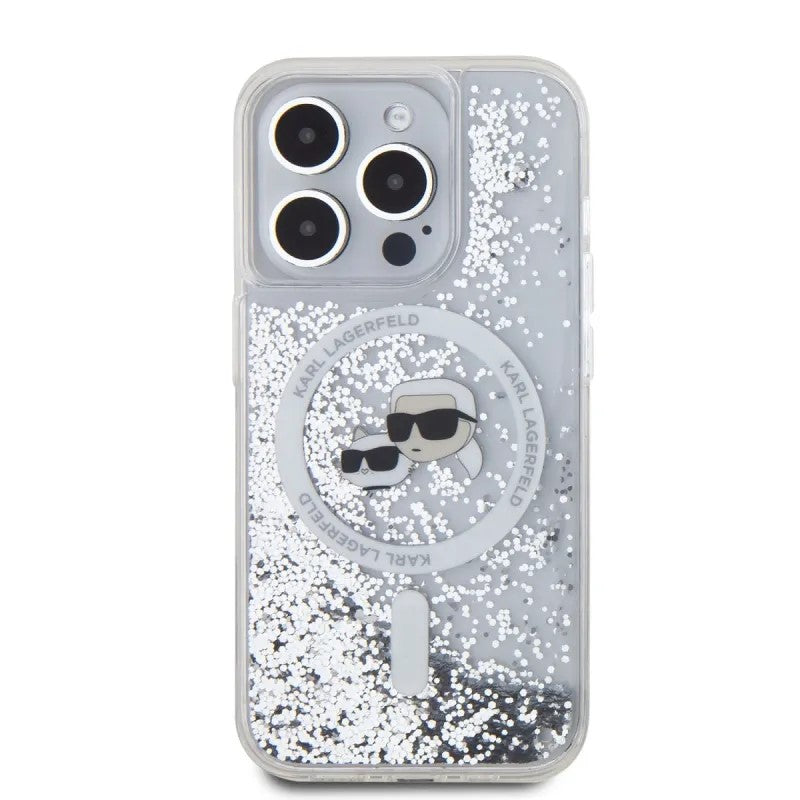 Coque MagSafe pour Apple iPhone 15 Pro Max, Karl Lagerfeld, Liquid Glitter Karl & Choupette's Heads, Transparente