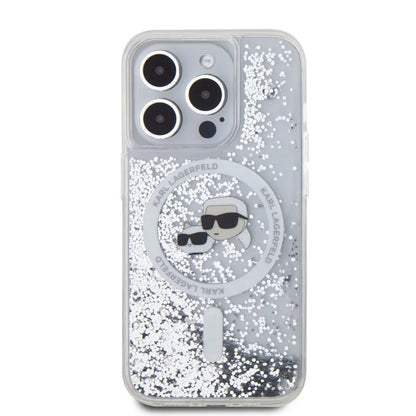 Coque MagSafe pour Apple iPhone 15 Pro Max, Karl Lagerfeld, Liquid Glitter Karl & Choupette's Heads, Transparente