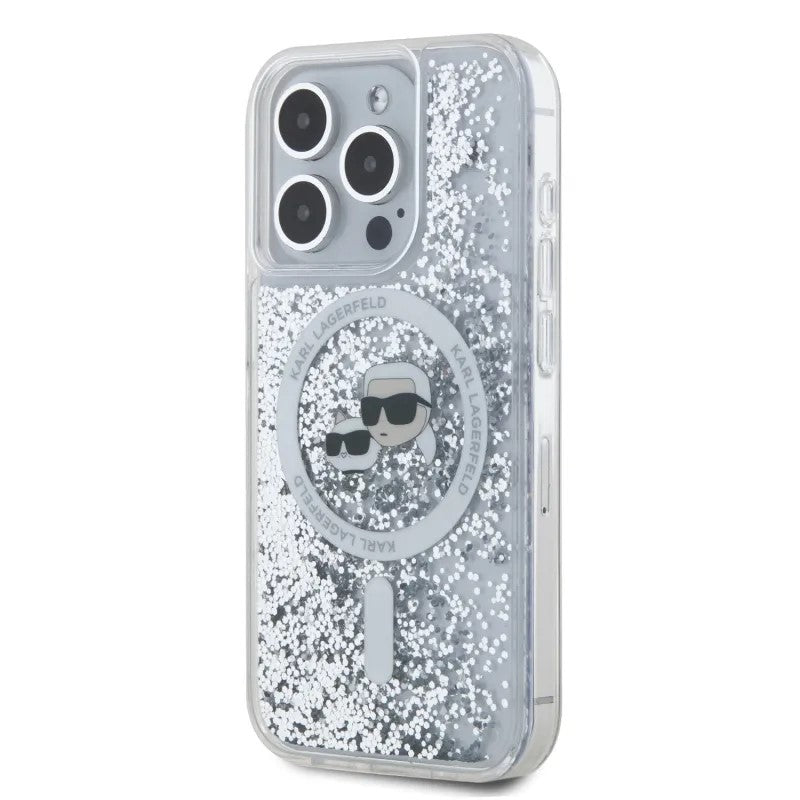 Coque MagSafe pour Apple iPhone 15 Pro Max, Karl Lagerfeld, Liquid Glitter Karl & Choupette's Heads, Transparente
