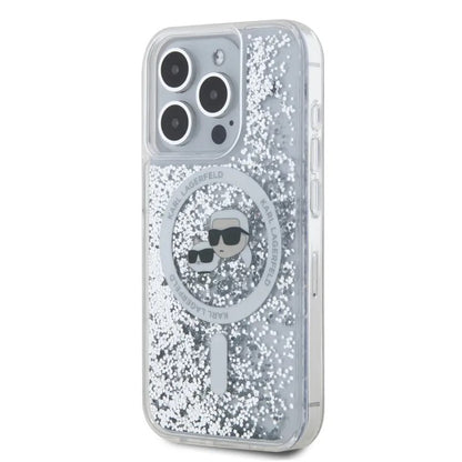 Coque MagSafe pour Apple iPhone 15 Pro Max, Karl Lagerfeld, Liquid Glitter Karl & Choupette's Heads, Transparente
