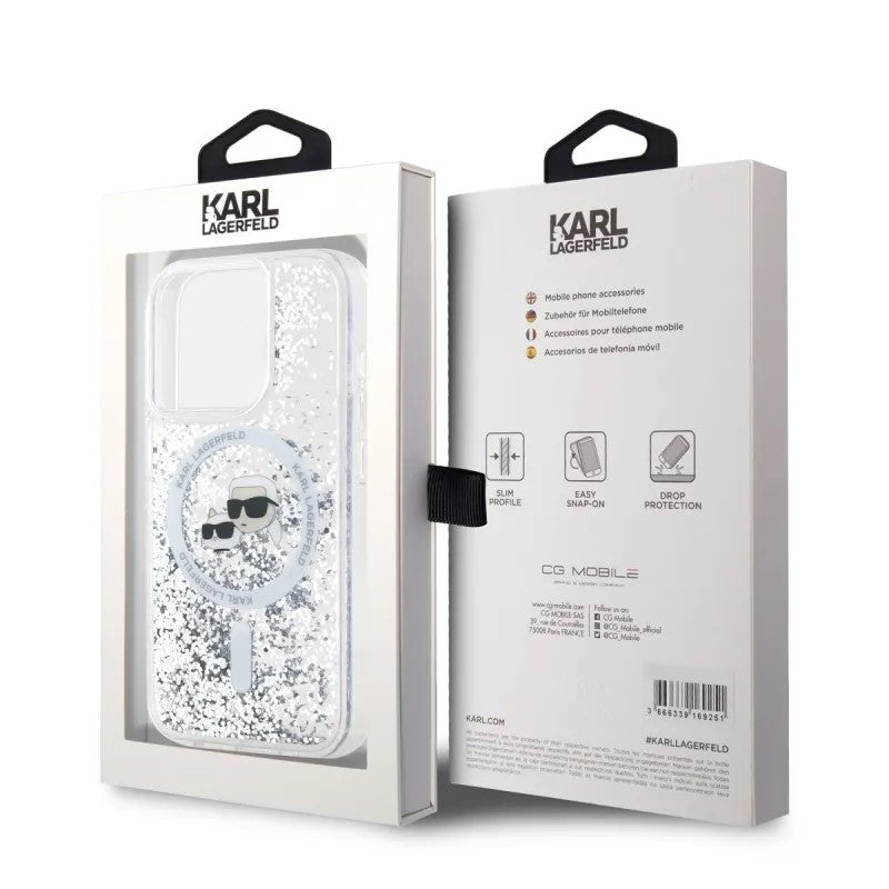 Coque MagSafe pour Apple iPhone 15 Pro Max, Karl Lagerfeld, Liquid Glitter Karl & Choupette's Heads, Transparente
