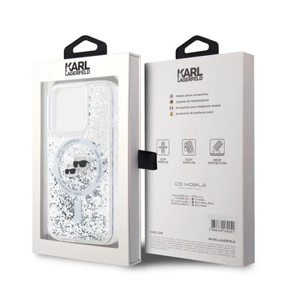 Coque MagSafe pour Apple iPhone 15 Pro Max, Karl Lagerfeld, Liquid Glitter Karl & Choupette's Heads, Transparente