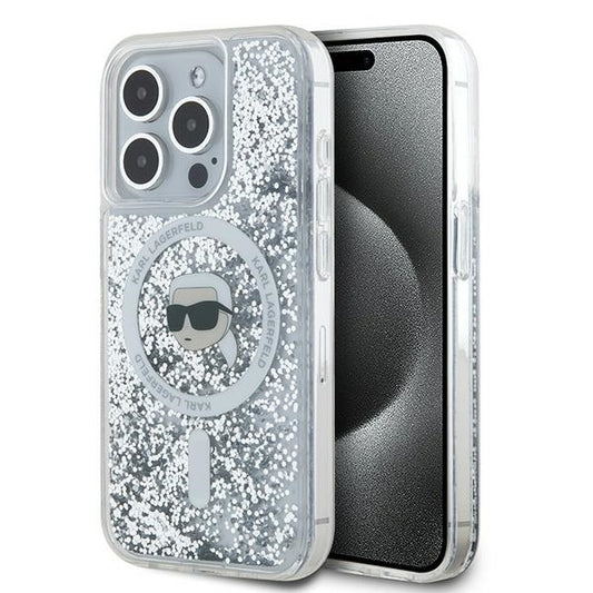 Coque MagSafe pour Apple iPhone 15 Pro Max, Karl Lagerfeld, Liquid Glitter Karl's Head, Transparente