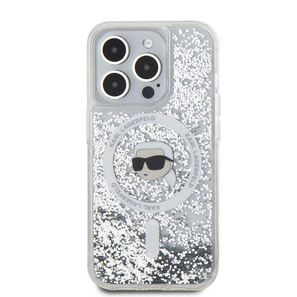 Custodia MagSafe per Apple iPhone 15 Pro Max, Karl Lagerfeld, Liquid Glitter Karl's Head, Trasparente