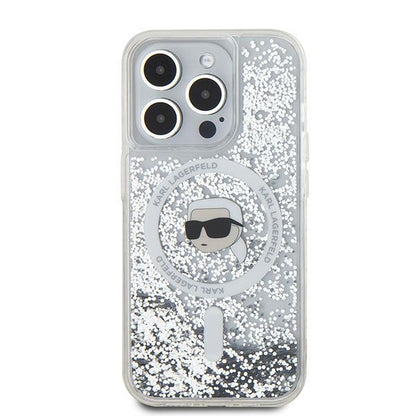 Custodia MagSafe per Apple iPhone 15 Pro Max, Karl Lagerfeld, Liquid Glitter Karl's Head, Trasparente