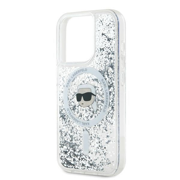 Custodia MagSafe per Apple iPhone 15 Pro Max, Karl Lagerfeld, Liquid Glitter Karl's Head, Trasparente