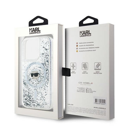 Custodia MagSafe per Apple iPhone 15 Pro Max, Karl Lagerfeld, Liquid Glitter Karl's Head, Trasparente