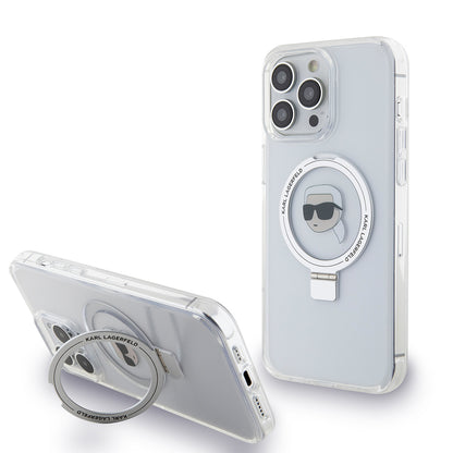 Coque MagSafe pour Apple iPhone 15 Pro Max, Karl Lagerfeld, Ring Stand Karl's Head, Blanche