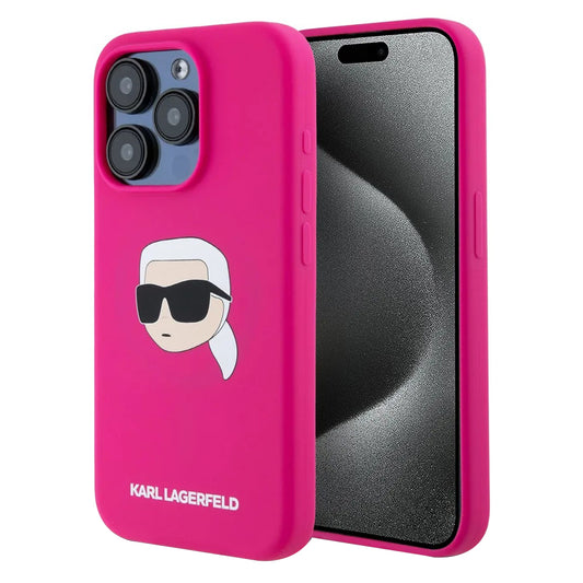 Coque MagSafe pour Apple iPhone 15 Pro Max, Karl Lagerfeld, Silicone Tête de Karl, Fuchsia
