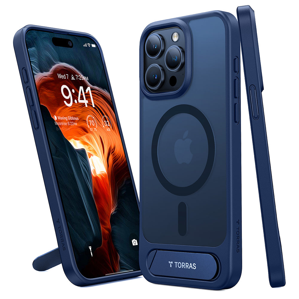 Custodia MagSafe per Apple iPhone 15 Pro Max, Torras, Pstand, Blu navy