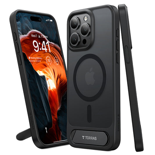 Custodia MagSafe per Apple iPhone 15 Pro Max, Torras, Pstand, Nera