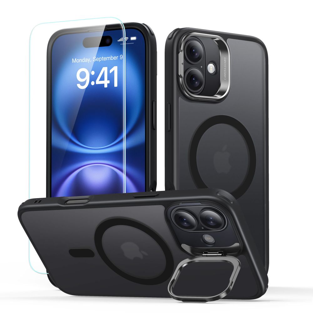 Housse MagSafe pour Apple iPhone 16, ESR, Classic Hybrid Kickstand avec Protecteur d'Écran, Noir Satiné
