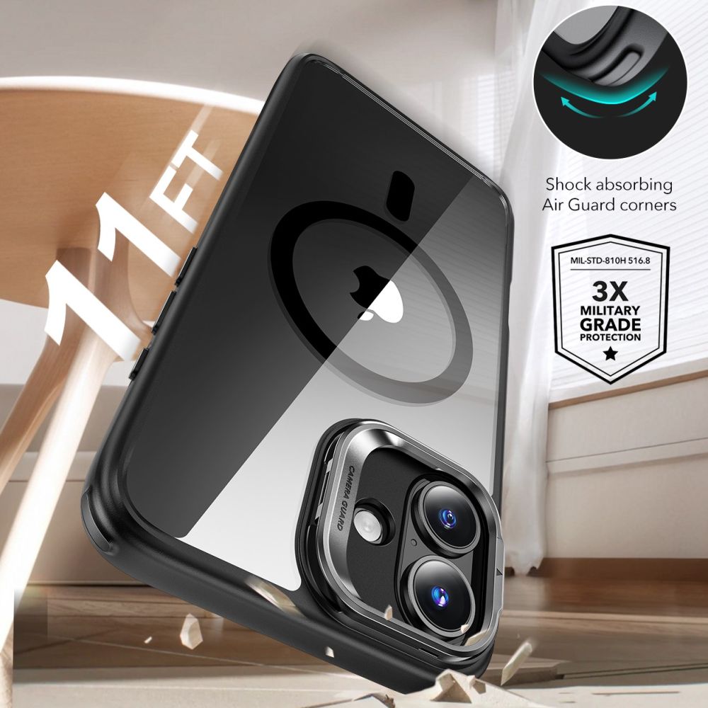 MagSafe Hülle für Apple iPhone 16, ESR, Classic Hybrid Kickstand mit Displayschutz, Schwarz Transparent