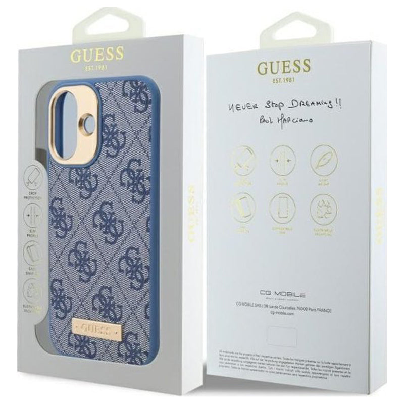 Coque MagSafe pour Apple iPhone 16, Guess, 4G Logo Plate, Bleue