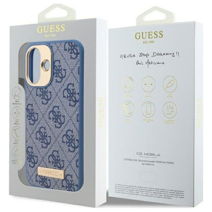 Coque MagSafe pour Apple iPhone 16, Guess, 4G Logo Plate, Bleue