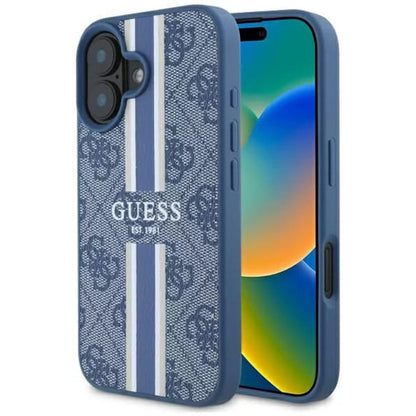 Étui MagSafe pour Apple iPhone 16, Guess, 4G Printed Stripes, Bleu