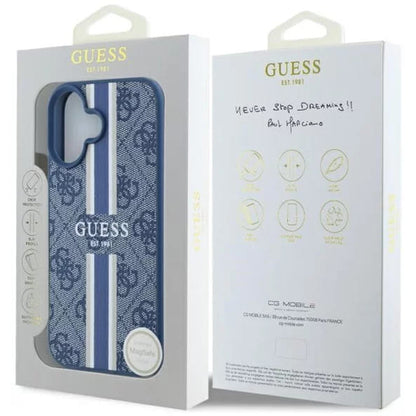 Étui MagSafe pour Apple iPhone 16, Guess, 4G Printed Stripes, Bleu