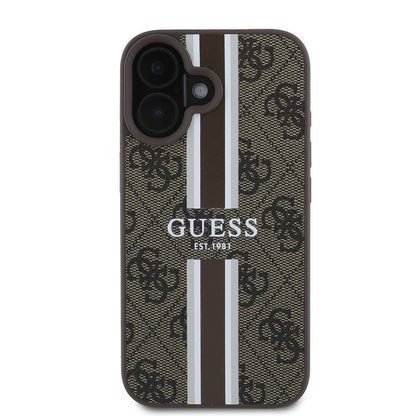 Custodia MagSafe per Apple iPhone 16, Guess, 4G Printed Stripes, Marrone