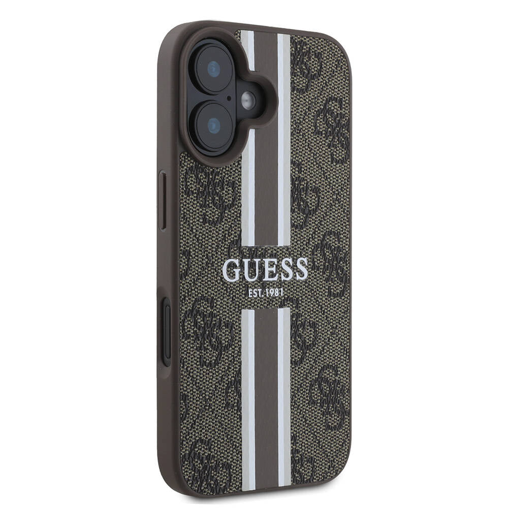 Custodia MagSafe per Apple iPhone 16, Guess, 4G Printed Stripes, Marrone