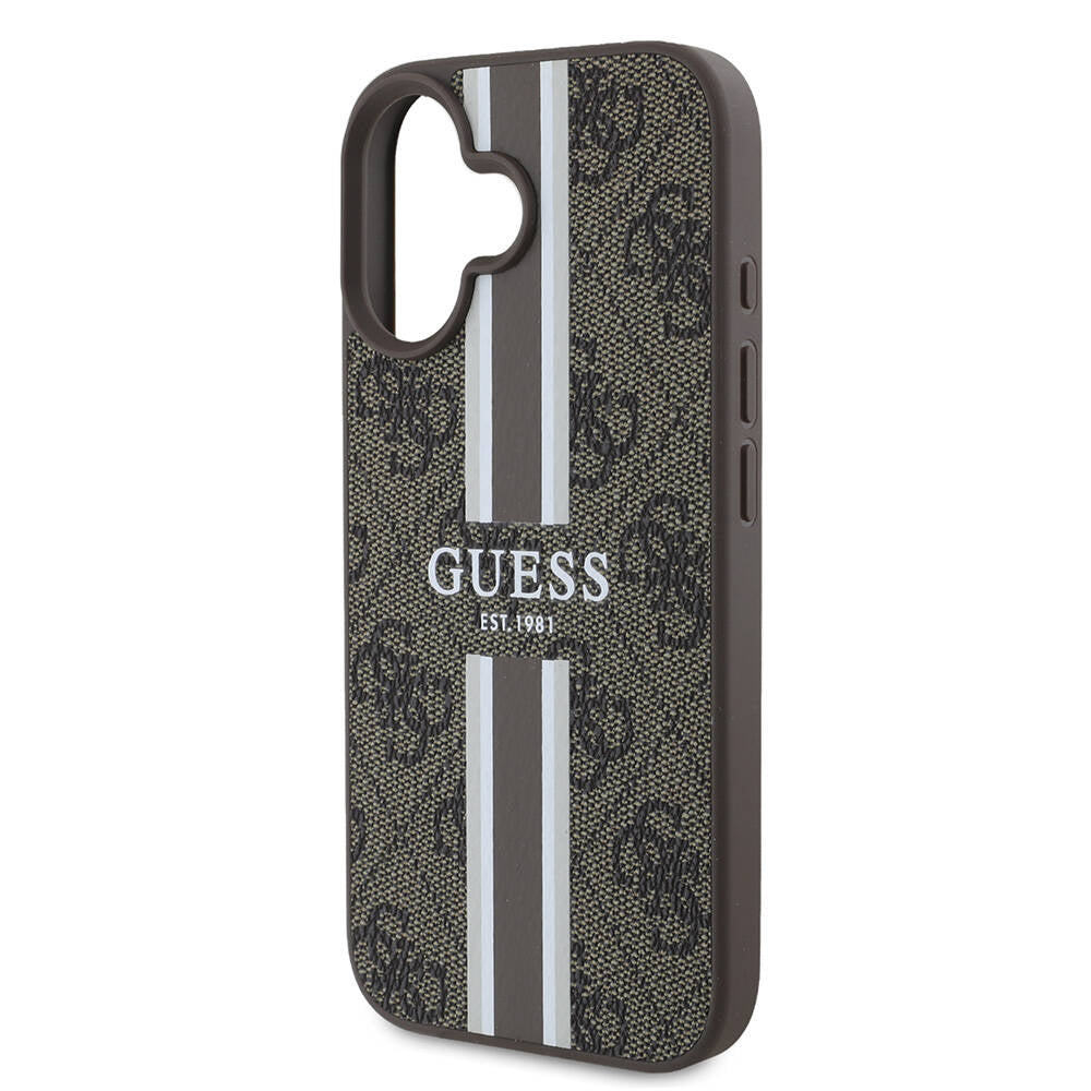 Custodia MagSafe per Apple iPhone 16, Guess, 4G Printed Stripes, Marrone