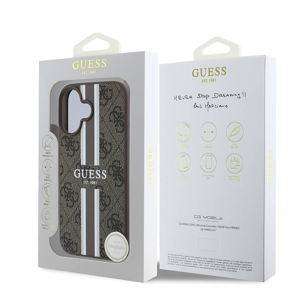 Custodia MagSafe per Apple iPhone 16, Guess, 4G Printed Stripes, Marrone